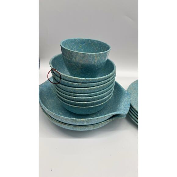 Set of 15 Melamine Melmac Turquoise Speckle Dinner Plates & Cups NORTHERN BOSTON - Picture 7 of 7